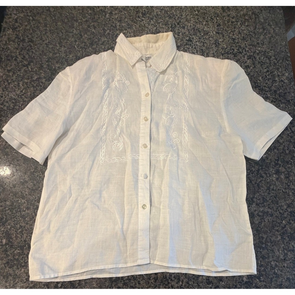Ishyu Womens 100% Linen Embroidered Short Sleeve Button Down Shirt Cream Size 8
